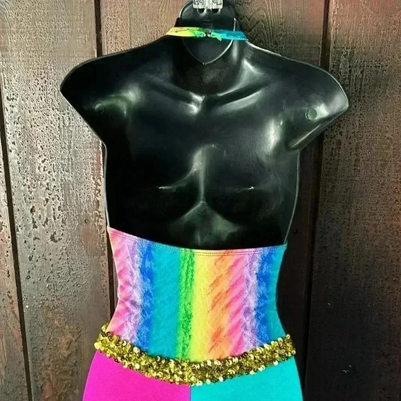 Vintage Rainbow Halter Neck Bell Bottom Flare Leg Jumpsuit Dance Costume 80s 90s - Picture 5 of 9
